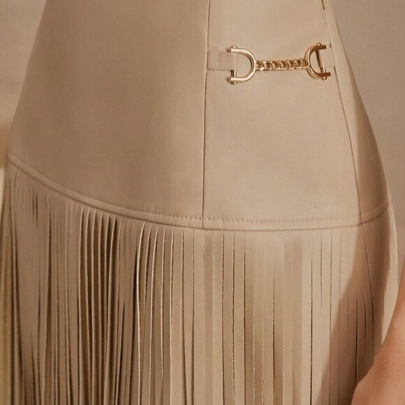 Beige Boho Women's Versatile Midi High Waisted Soft Leather Fringed Skirt - Picture 2 of 6